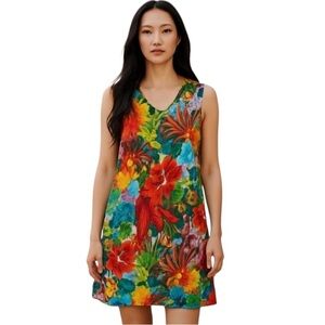 Vintage Jams World Colorful Floral Shift Sleeveless Dress Size: Medium